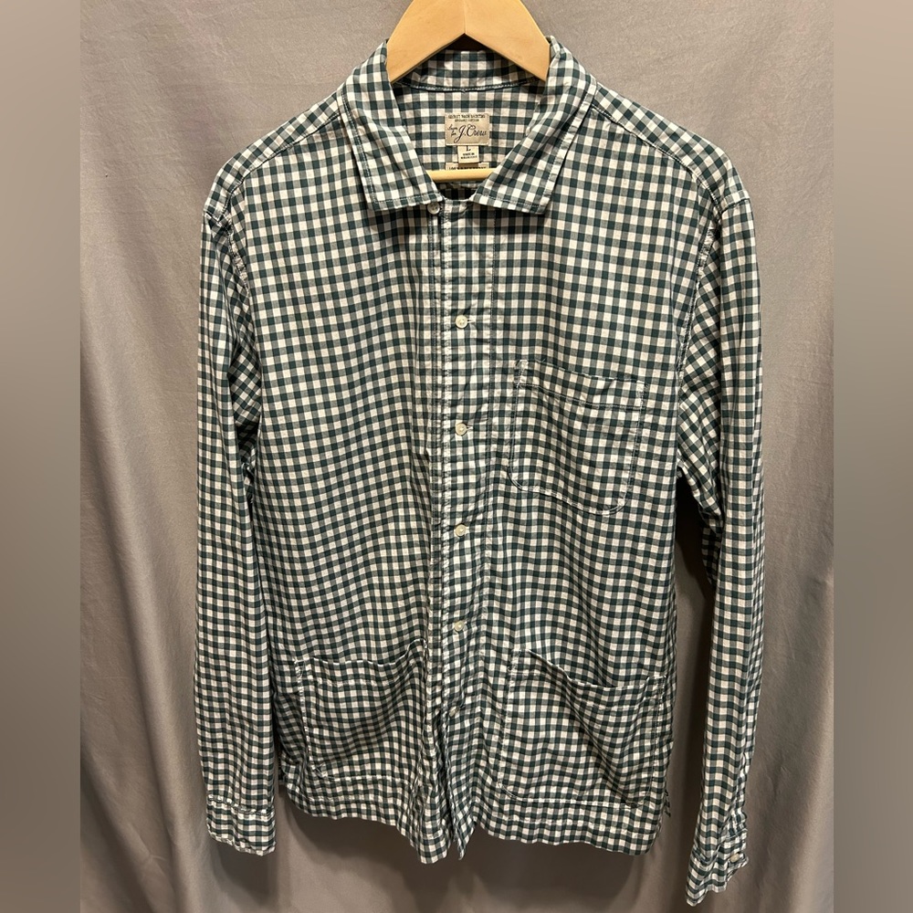 J. Crew Secret Wash Green and White Check Plaid Button Down Top- Mens Large